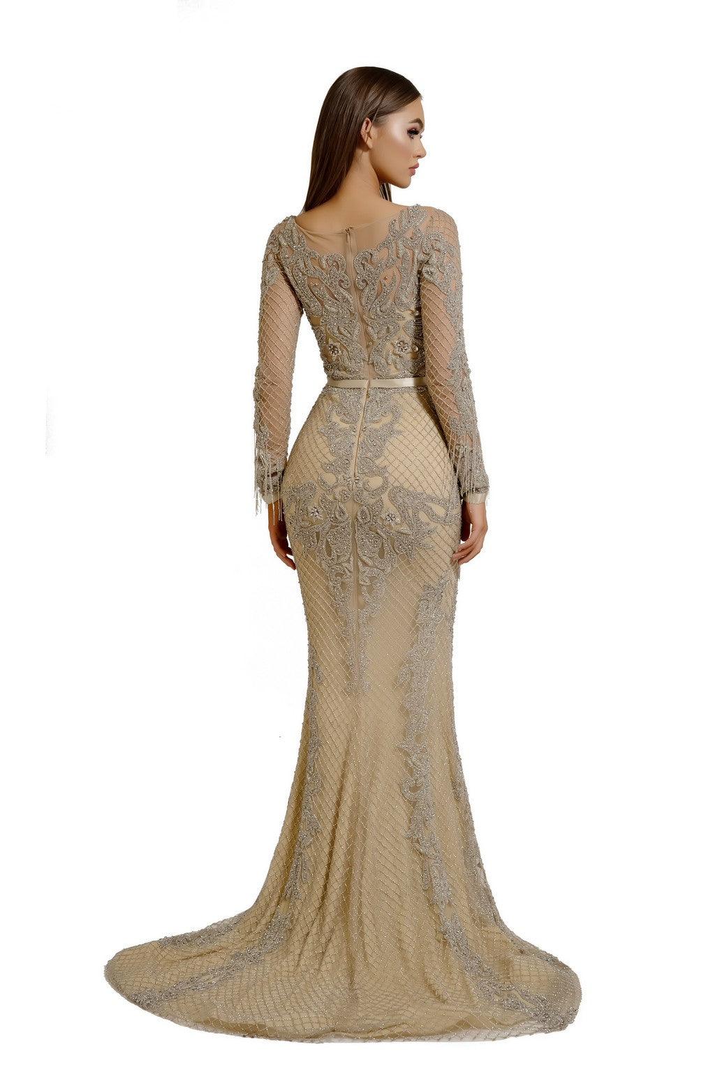 Formal Dresses Long Sleeve Fitted Formal Gown Silver Nude