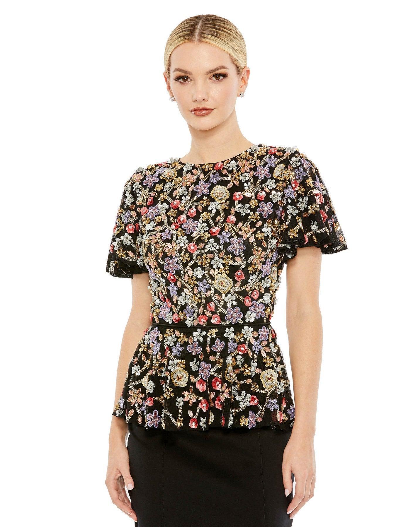 Top Short Sleeve Formal Beaded Floral Sequin Top Black Multi