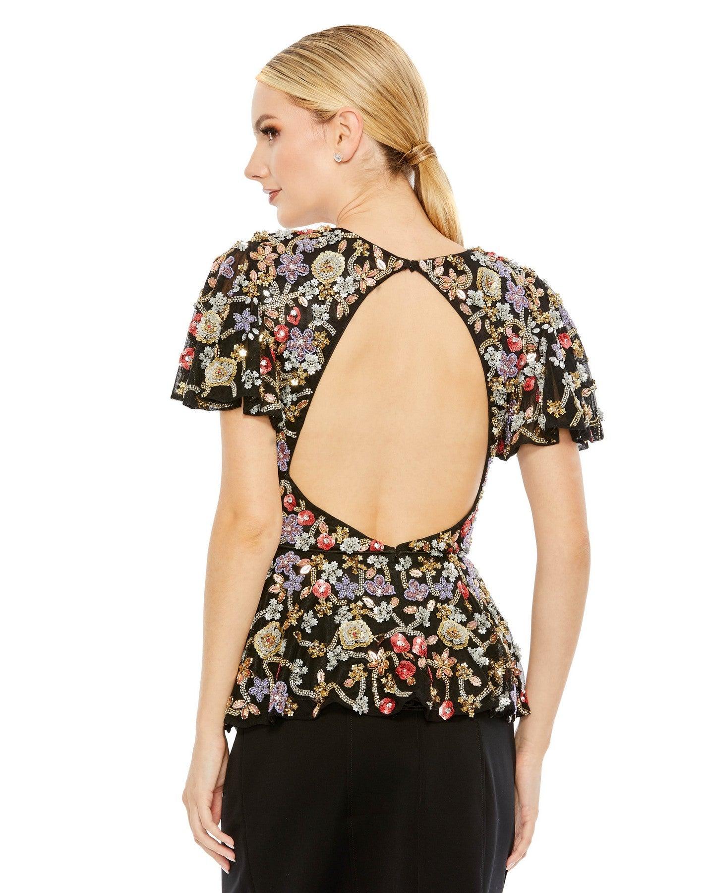 Top Short Sleeve Formal Beaded Floral Sequin Top Black Multi