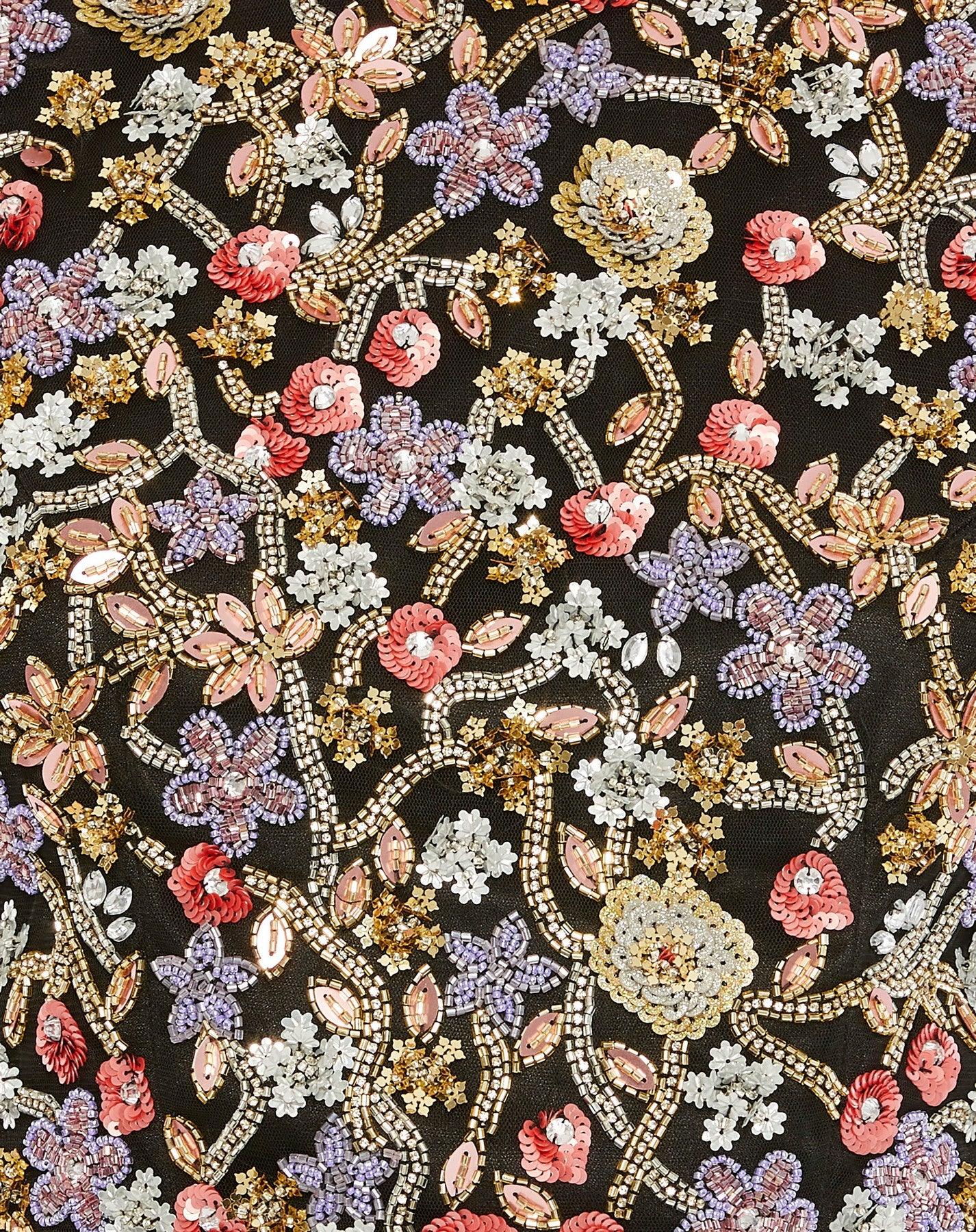 Top Short Sleeve Formal Beaded Floral Sequin Top Black Multi