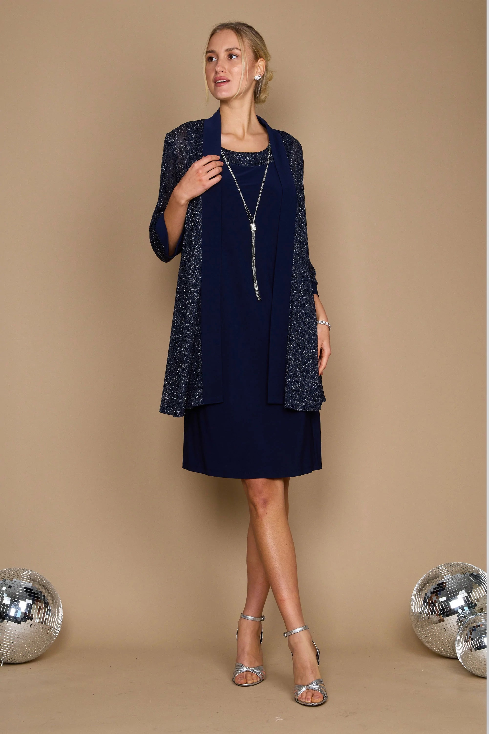 thumbnail image 2 of R&M Richards Women's Jacket Dress - Metallic Knit Two Piece Set With 3/4 Sleeve Pleated Jacket 2 of 9