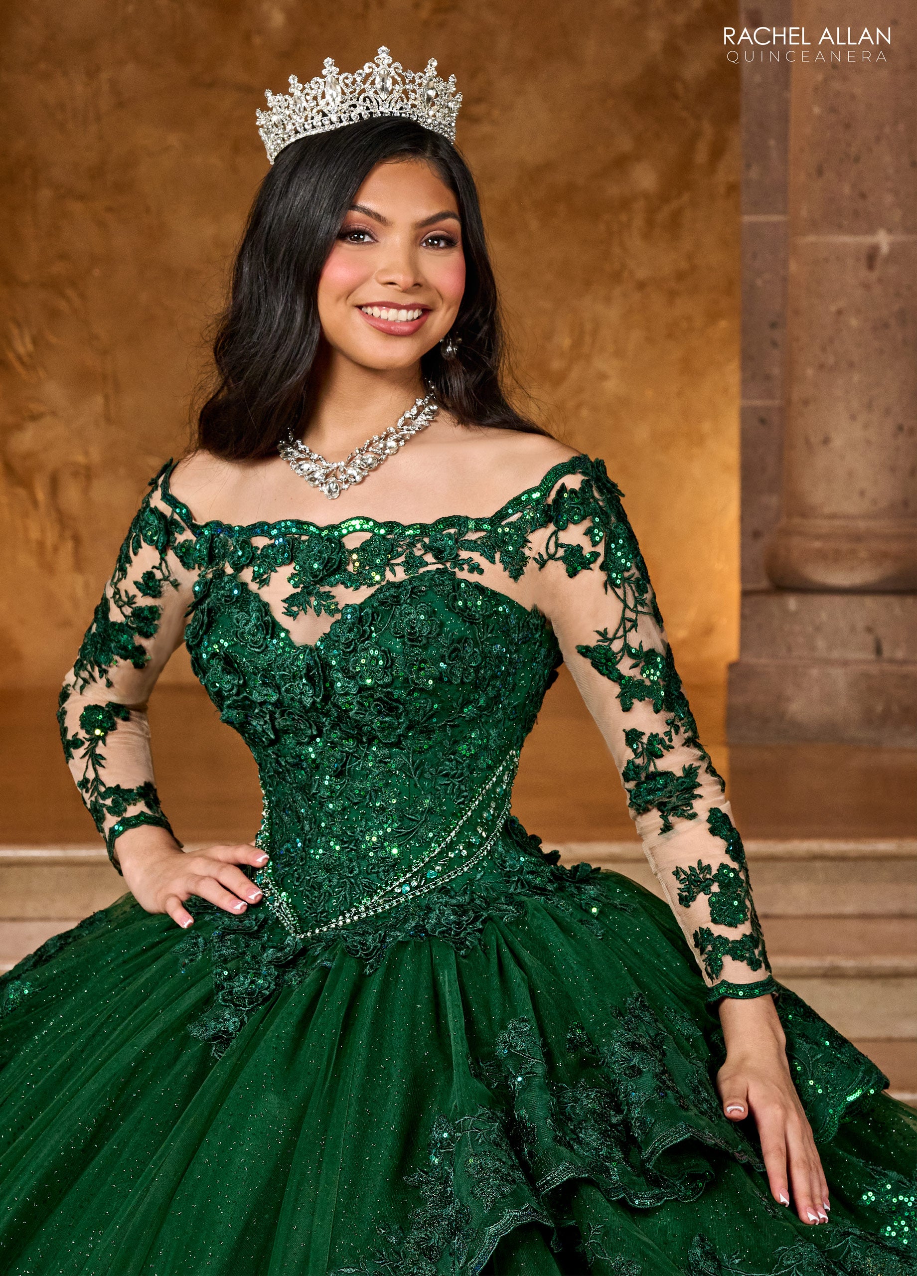 Quinceanera Dresses Ruffle Quinceanera Long Sleeve Ball Gown Emerald