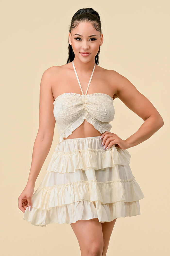 Cocktail Dresses Short Halter Neck Mini Ruffle Dress Off white