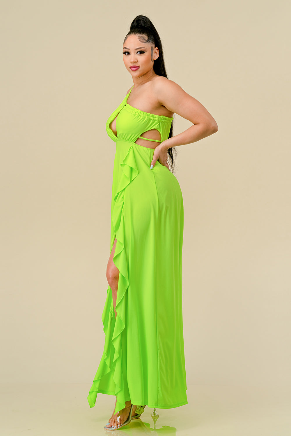 Formal Dresses Long One Shoulder Ruffled Maxi Dress Neon Green