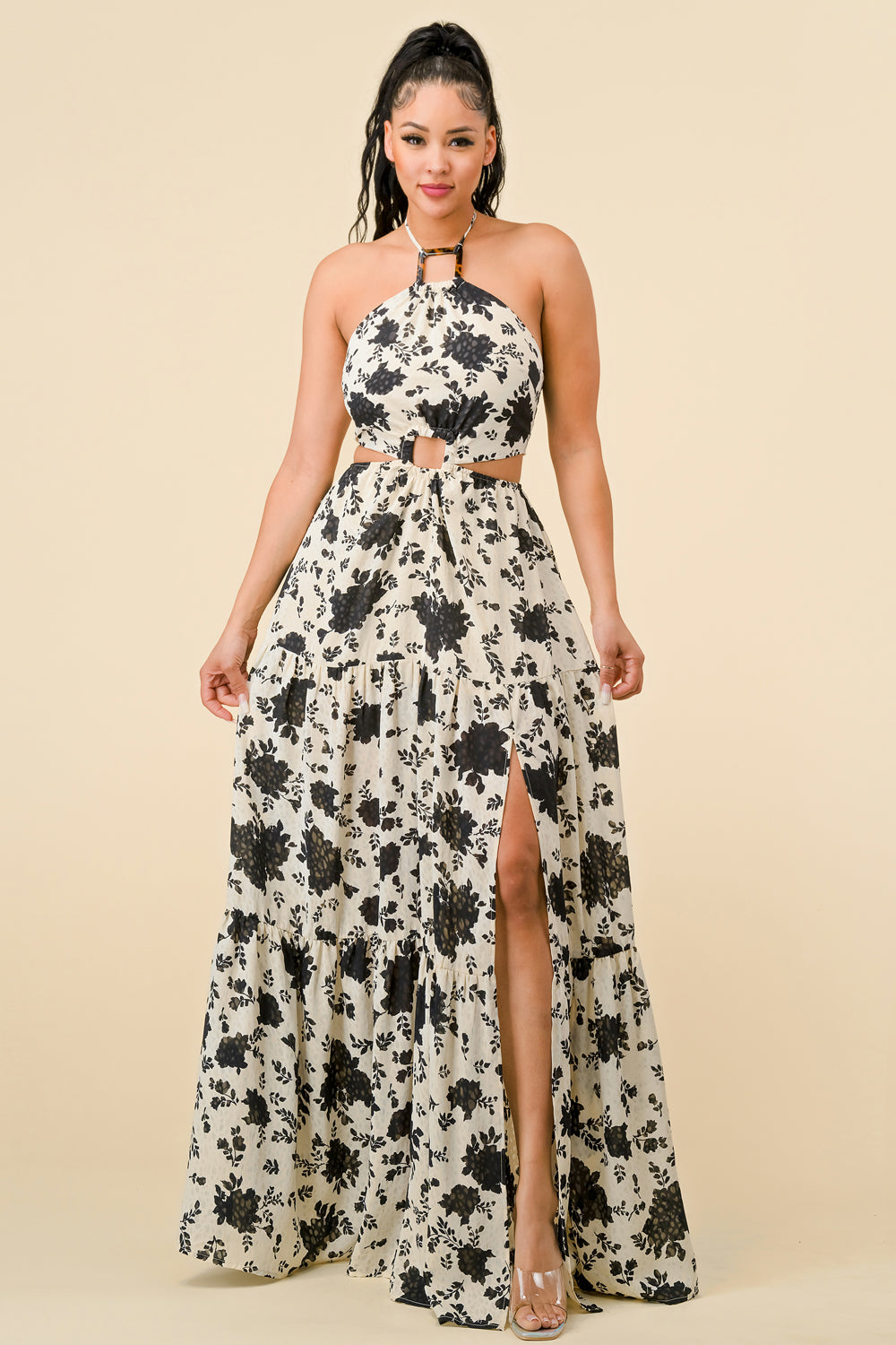 Black Combo Long Halter Neck Printed Maxi Dress