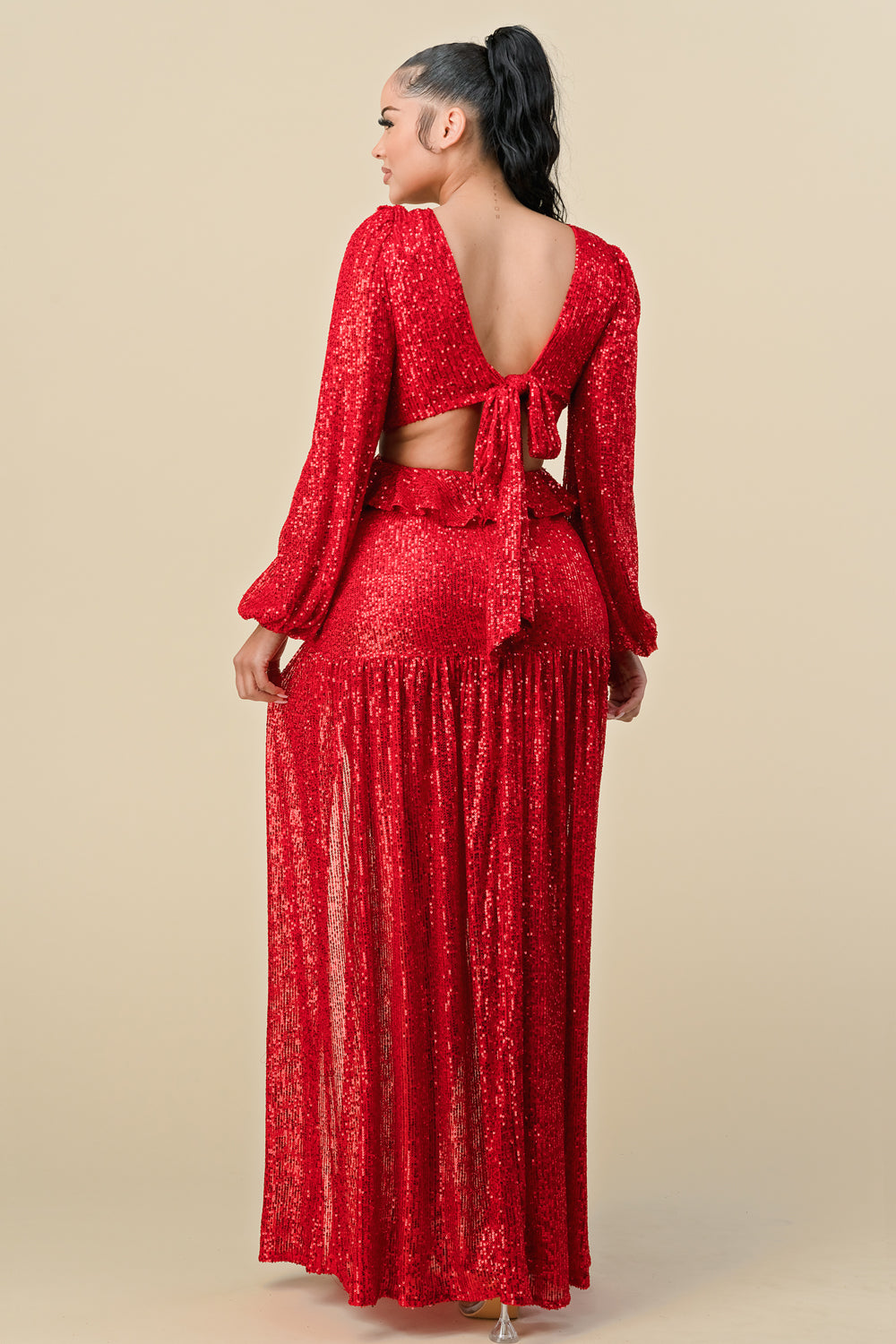 Formal Dresses Long Deep V Neck Sequins Long Sleeve Maxi Dress Red