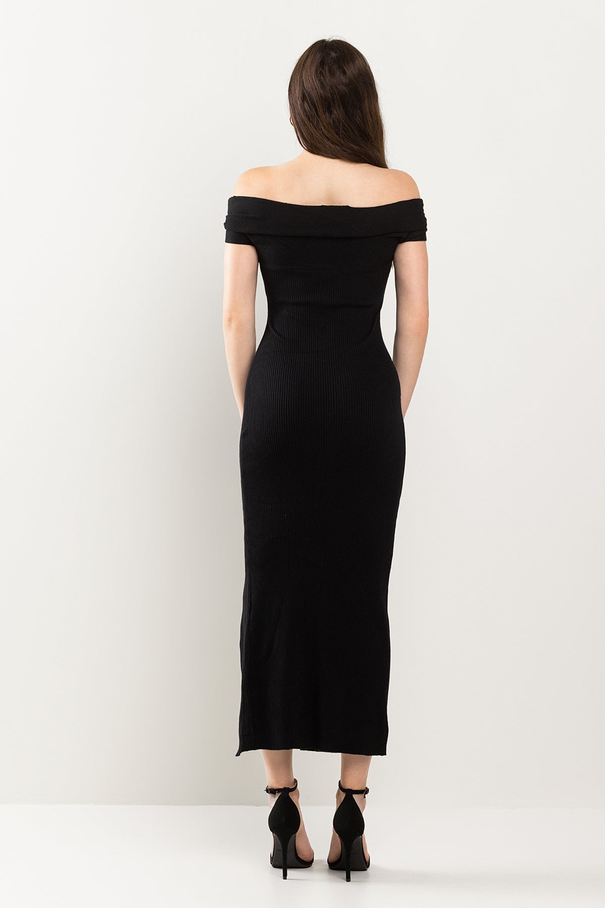 Cocktail Dresses Fitted Off Shoulder Slit Midi Dress Black