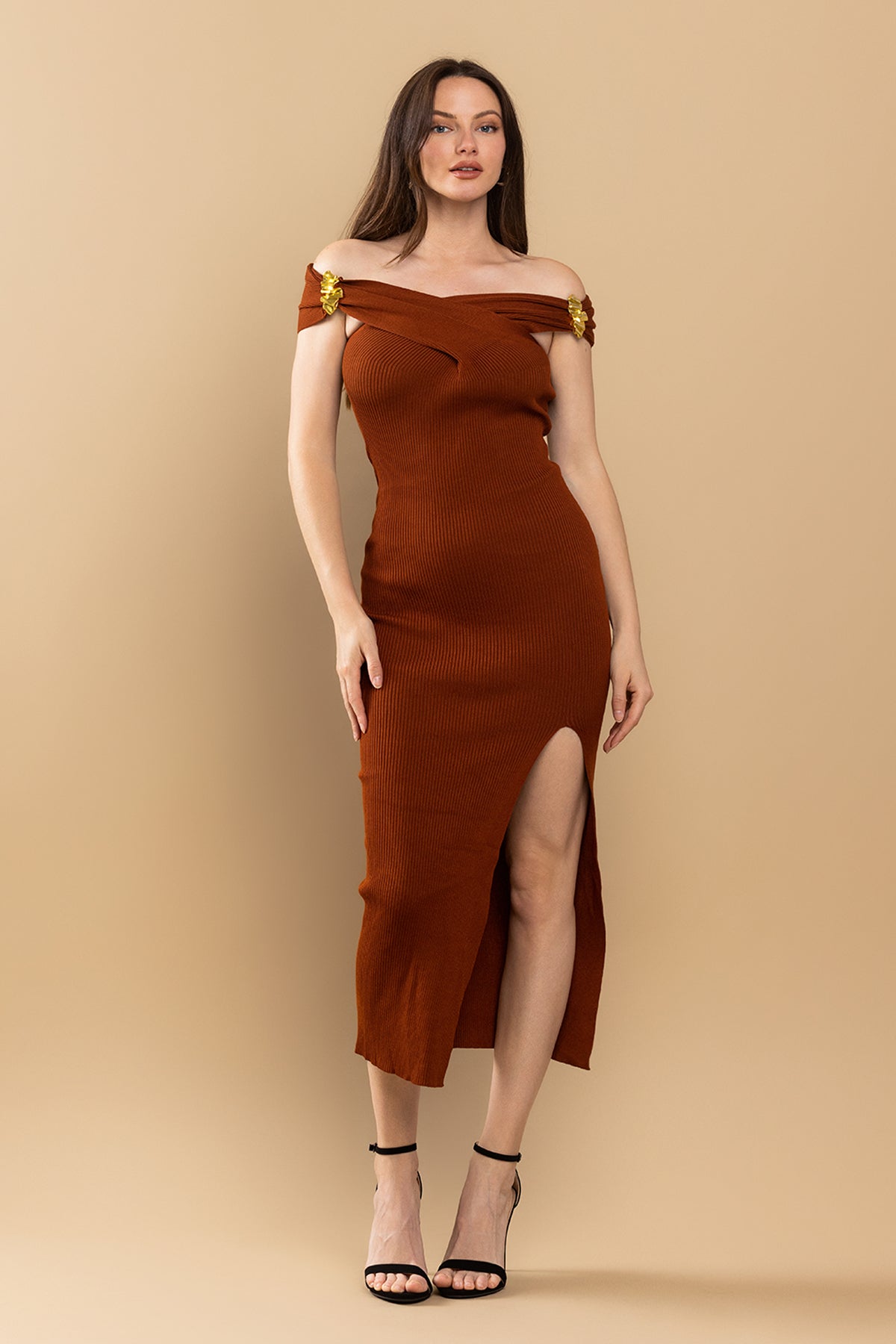 Cocktail Dresses Fitted Off Shoulder Slit Midi Dress Brick