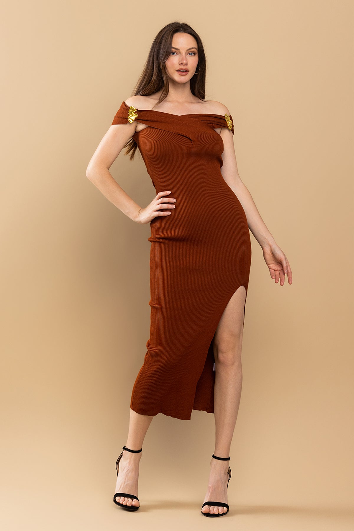Cocktail Dresses Fitted Off Shoulder Slit Midi Dress Brick