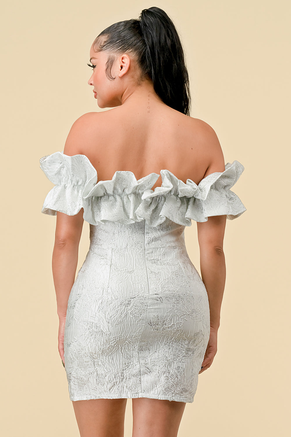 Cocktail Dresses Short Off Shoulder Ruffle Jacquard Mini Dress Off White