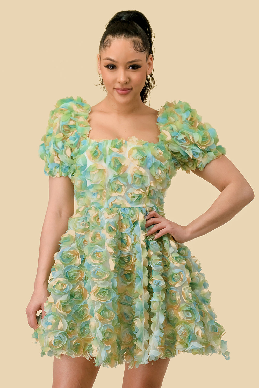 Cocktail Dresses Short Puff Sleeve Chiffon 3D Flower Mini Dress Green Combo