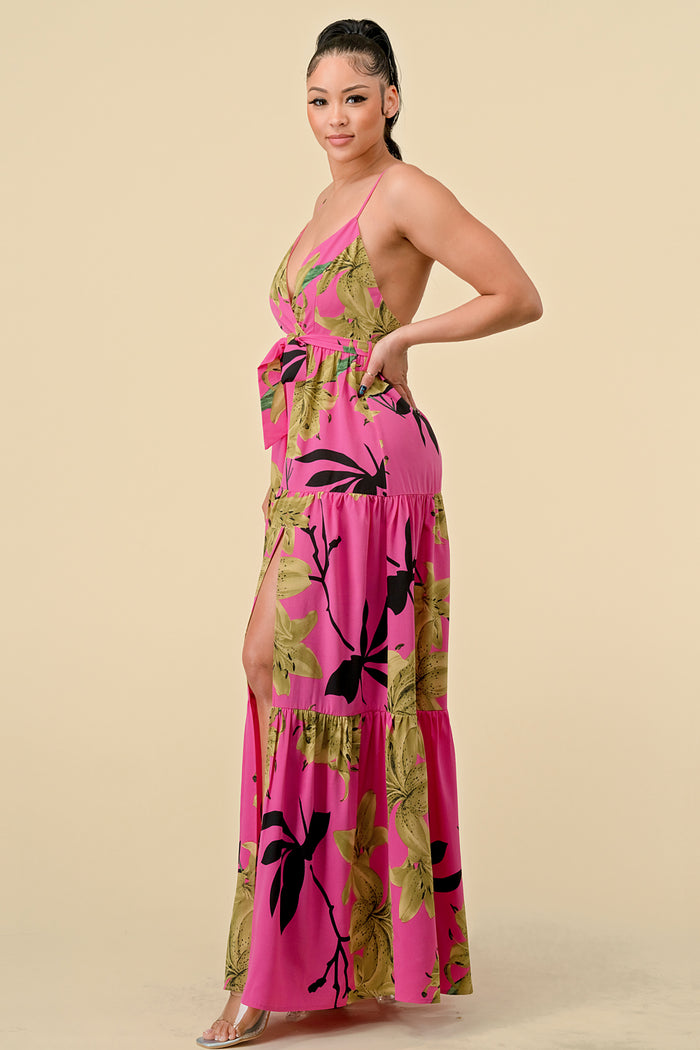 Formal Dresses Long Floral Printed Maxi Dress Fuchsia/Black