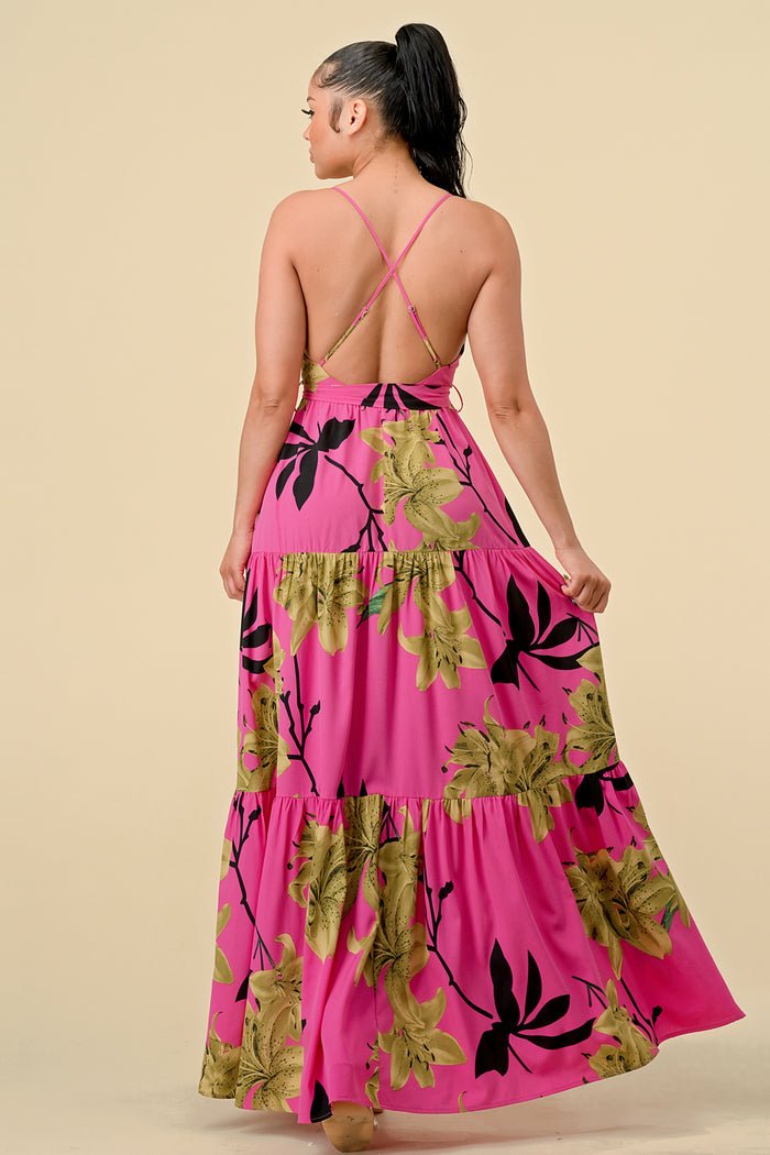 Formal Dresses Long Floral Printed Maxi Dress Fuchsia/Black