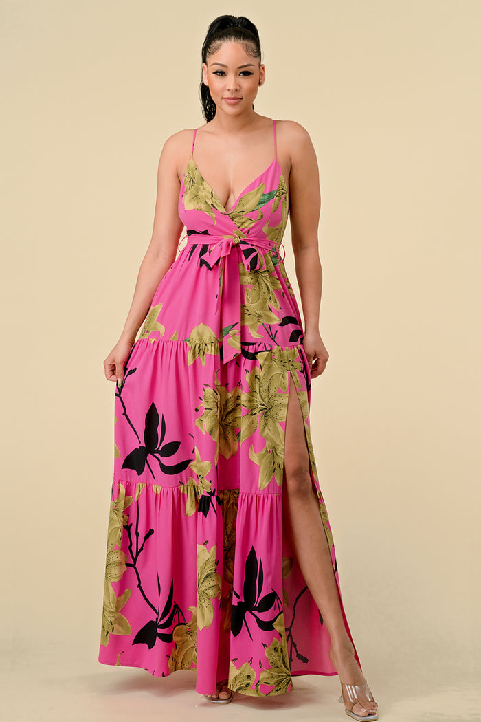 Formal Dresses Long Floral Printed Maxi Dress Fuchsia/Black