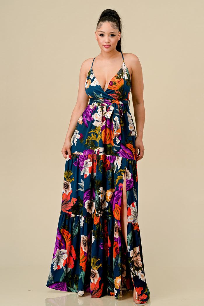 Formal Dresses Long Floral Printed Maxi Dress Teal Combo