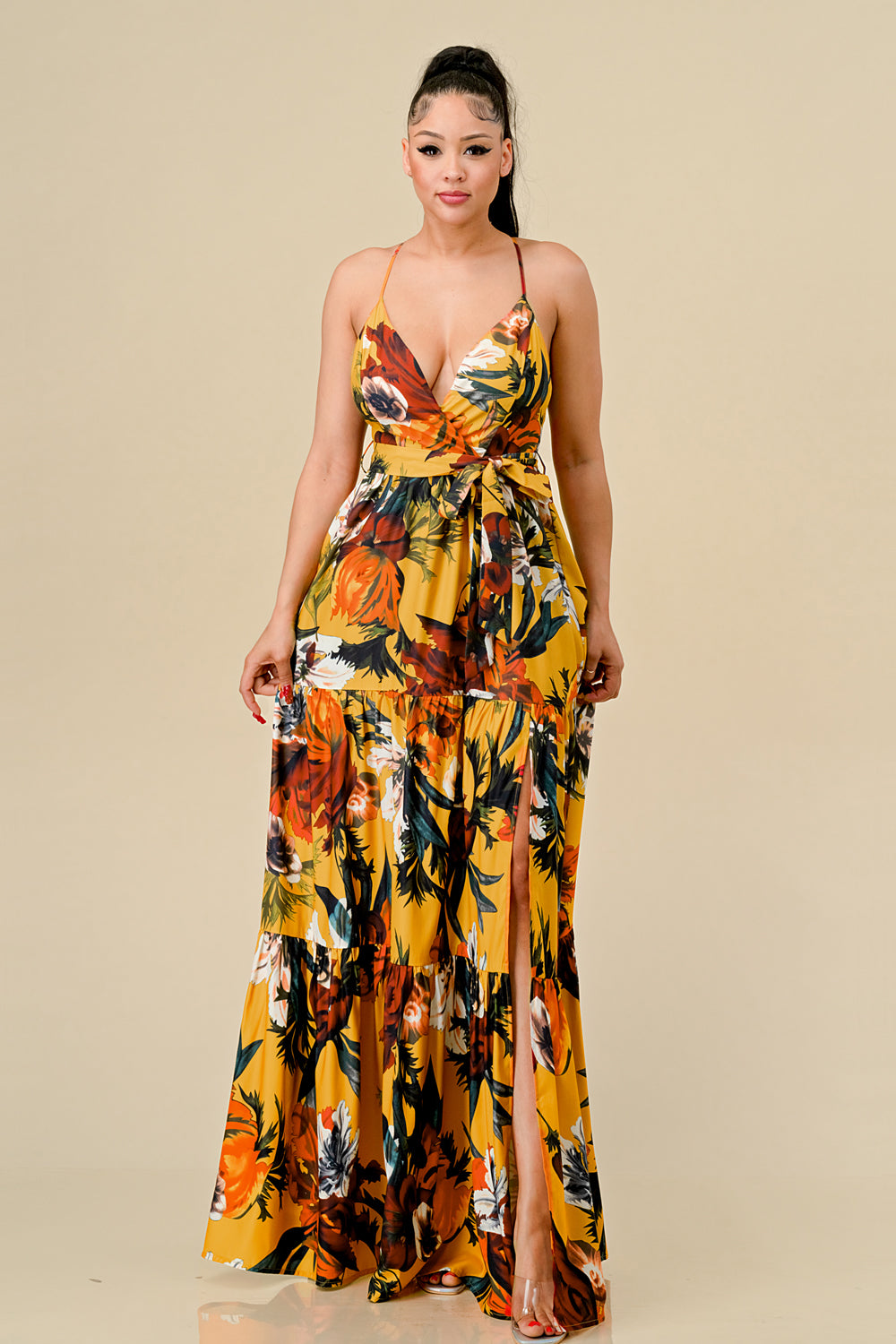 Formal Dresses Long Floral Printed Maxi Dress Mustard Combo