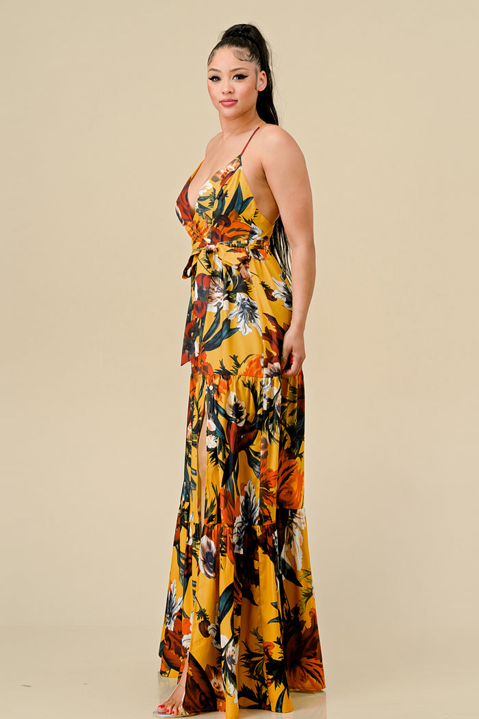 Formal Dresses Long Floral Printed Maxi Dress Mustard Combo