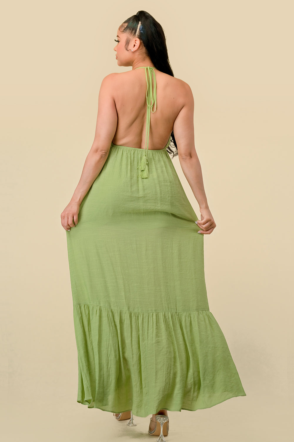 Formal Dresses Long Halter Ruffled Slit Maxi Dress L. Green