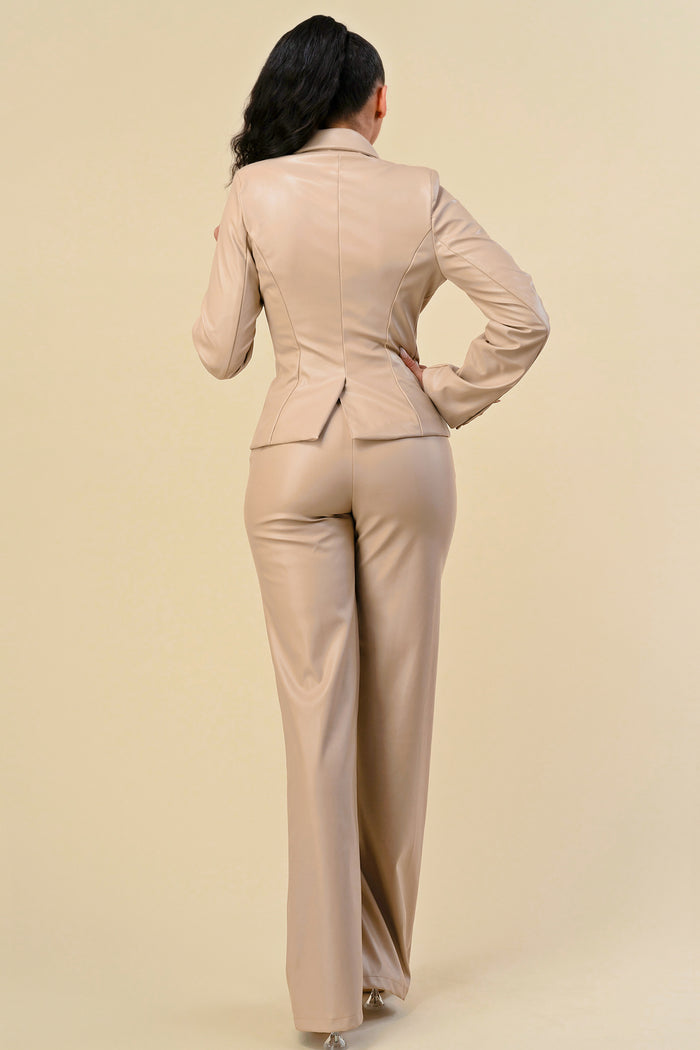 Pant Suit Long Sleeve Leather Jacket Pant Set Nude