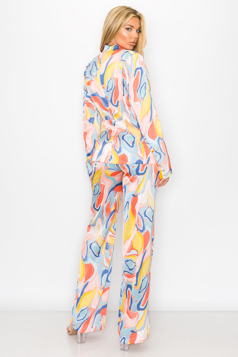 Pant Suit One Button Printed Blazer Pant Set Pink/Blue