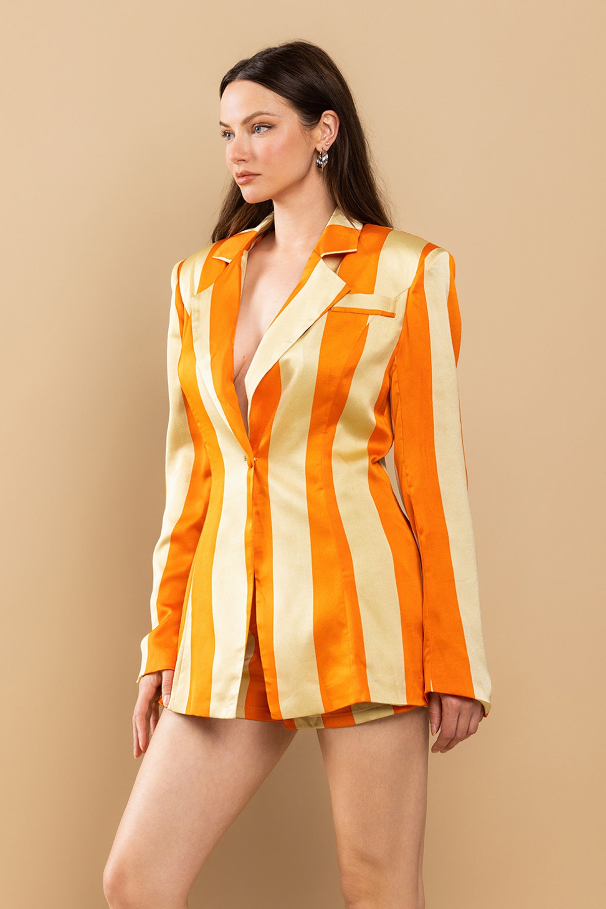 Pant Suit Long Sleeve Jacket Short Set Orange/Taupe