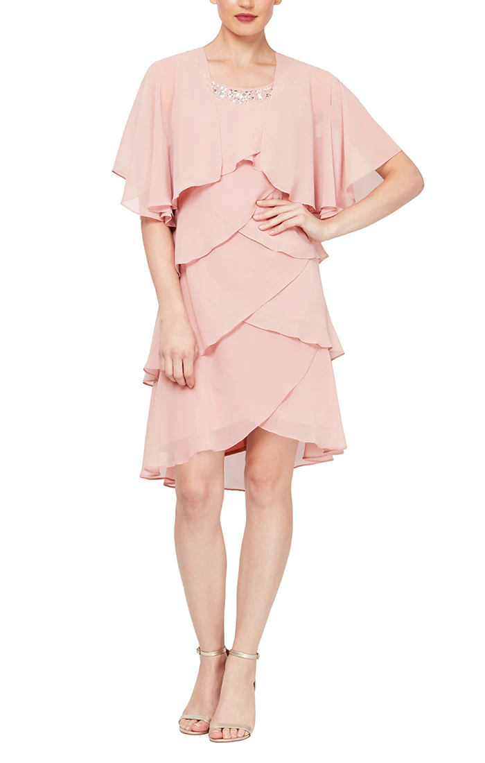 Cocktail Dresses Tiered Chiffon Jacket Short Dress Faded Rose
