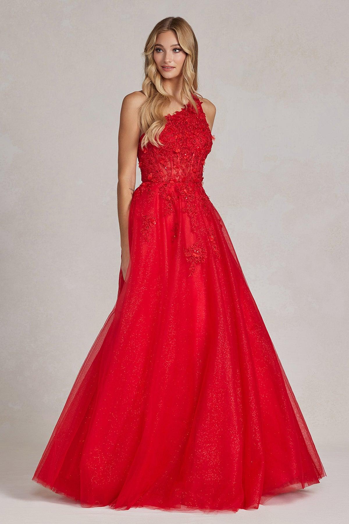 Nox Anabel T1143 Long One Shoulder A Line Prom Gown Red
