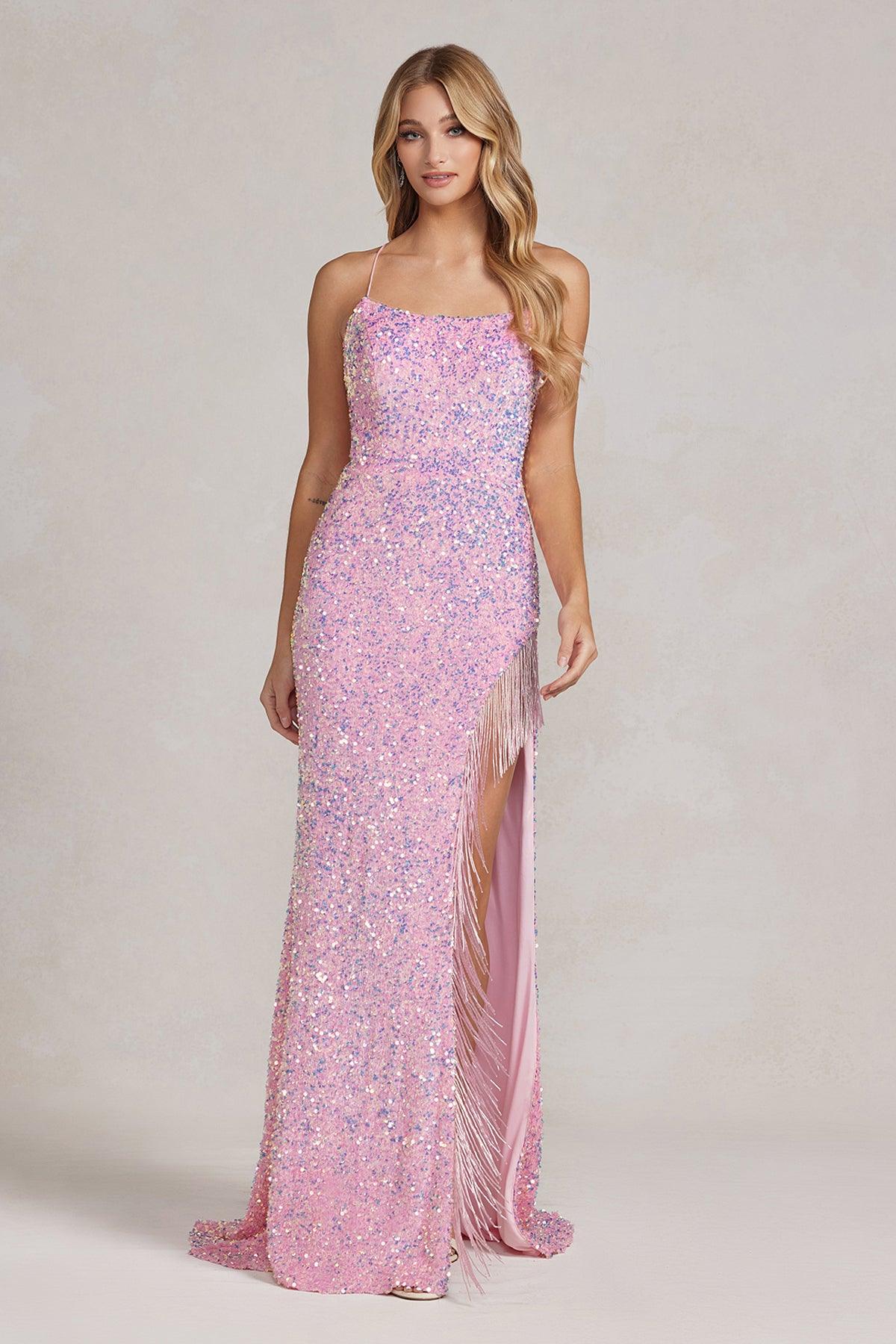 Nox Anabel T1209 Long Formal Fringe Slit Prom Gown Pink