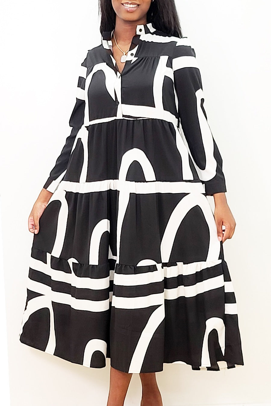 Black White Long Sleeve Tiered Cotton Midi Dress