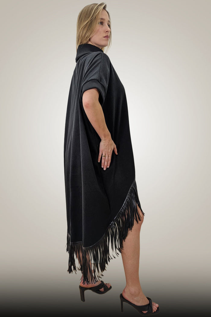 Cocktail Dresses Short Sleeve Leather Fringe High Low Dress Black
