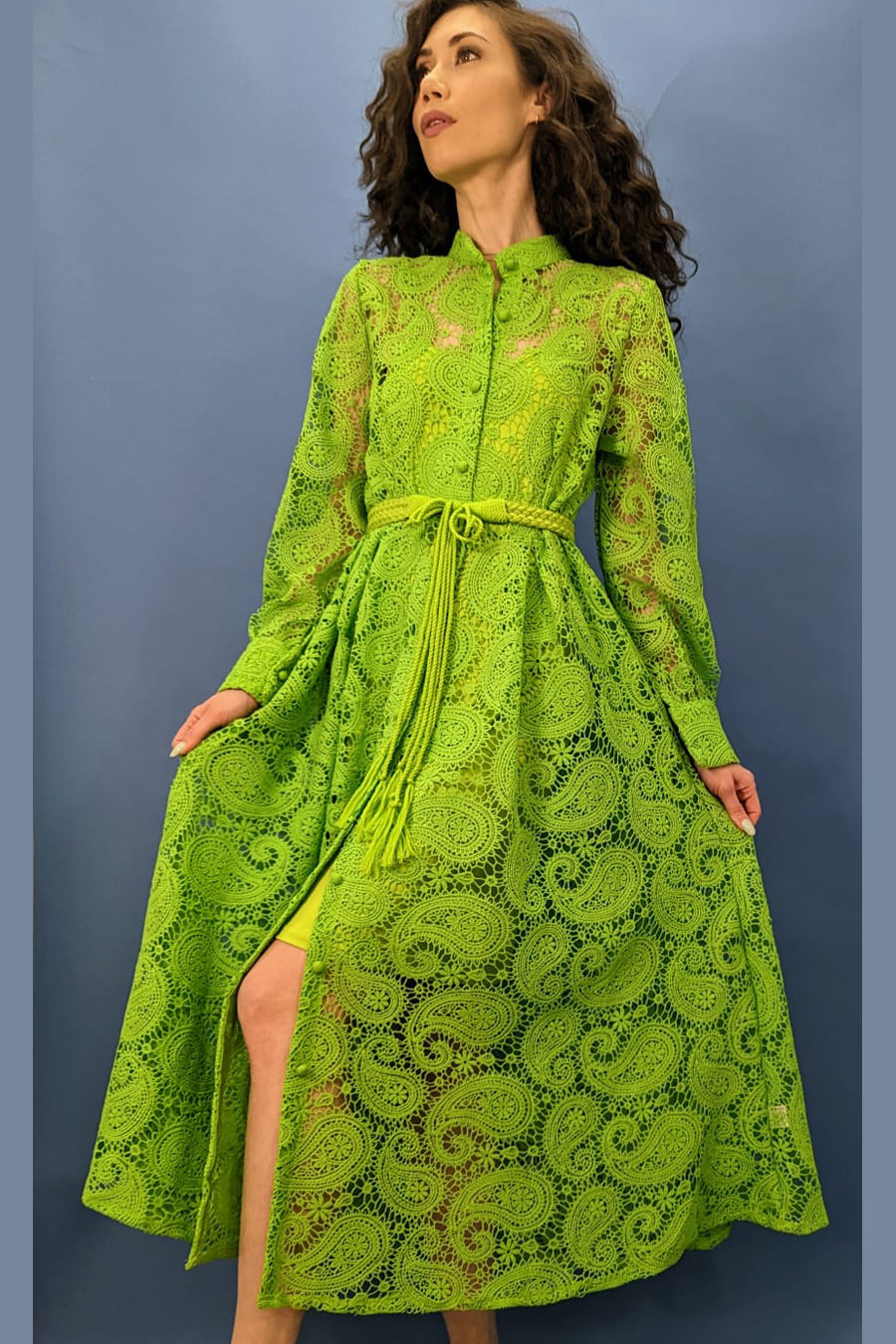 Green Long Sleeve Button Down Tassel Belt Lace Midi Dress