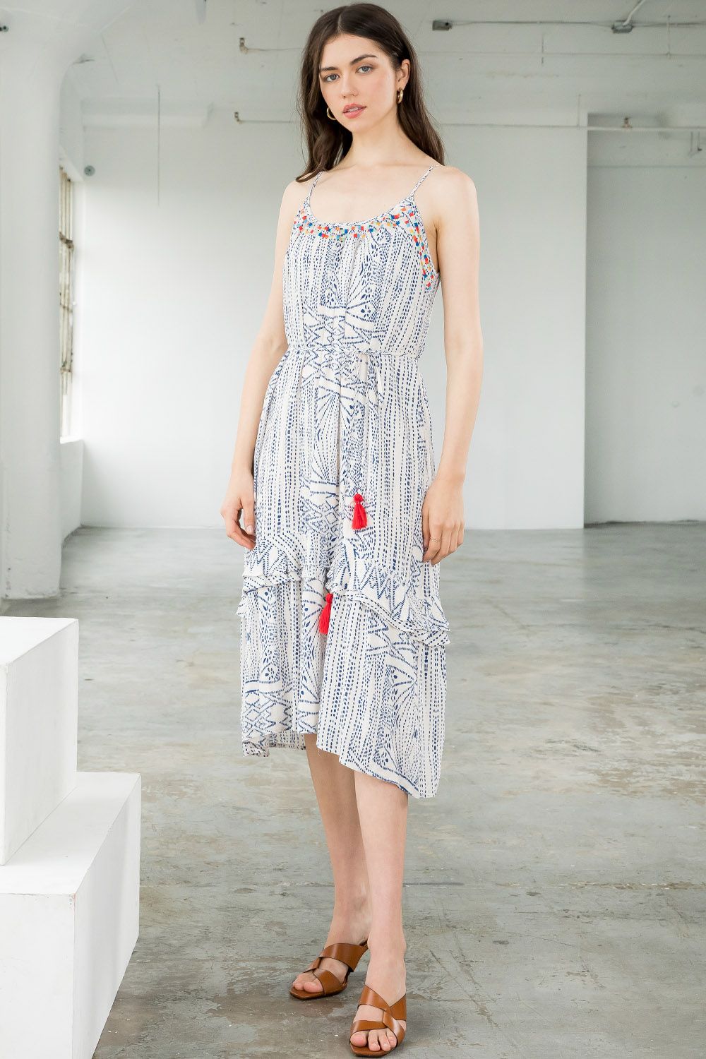 Cocktail Dresses Spaghetti Strap Ruffled Printed Midi Dress Cream