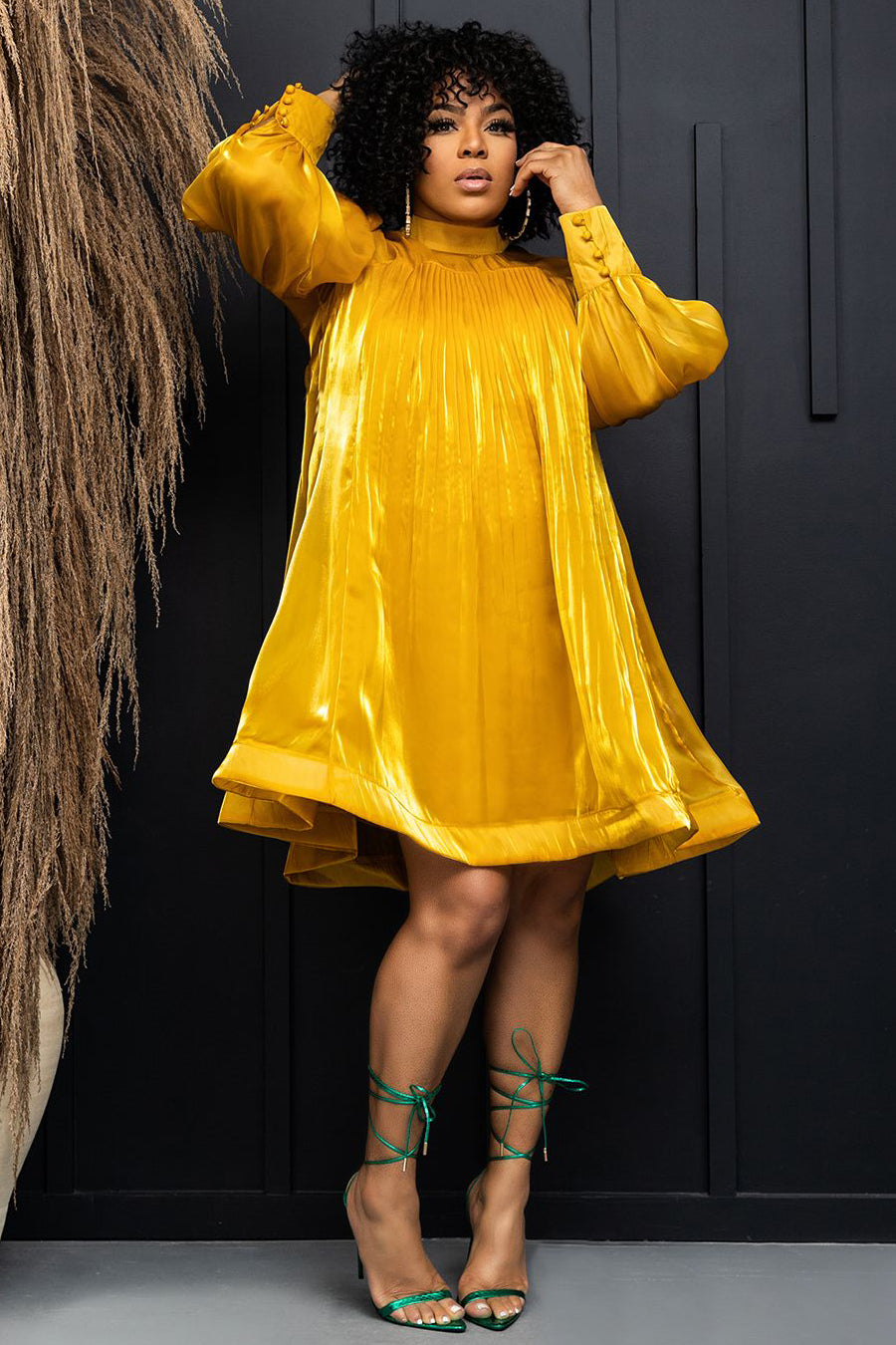 Gold Long Sleeve Bell Shaped Pleats Satin Dress for 119.99 The Dress Outlet