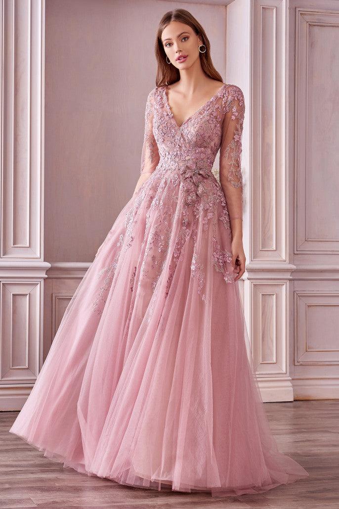 Andrea & Leo A0988 Long Sleeve A Line Gown Rose