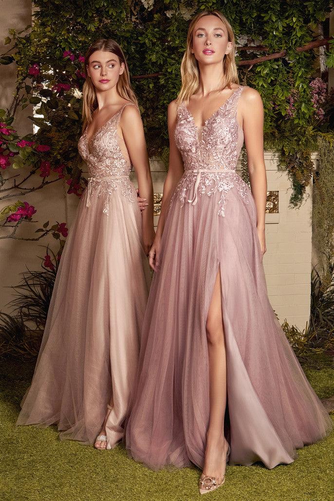 Andrea & Leo A1045 Sleeveless Lace Tulle Prom Gown Nude-Mauve Rosewood