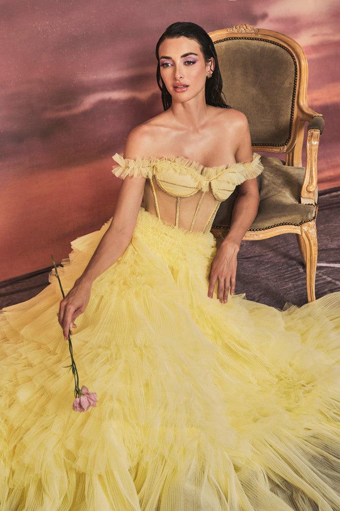Andrea & Leo A1150 Strapless Ruffle Tulle Gown Yellow 3
