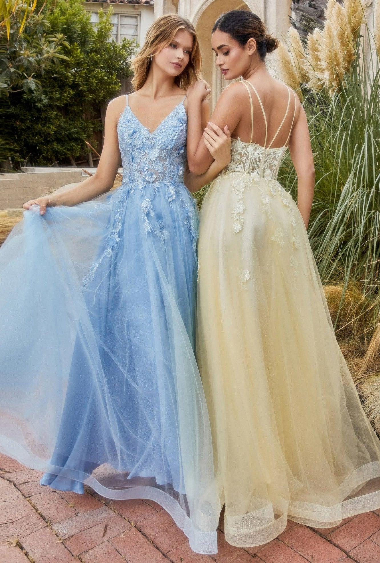 Andrea & Leo A1191 Spaghetti Strap Prom Gown Paris Blue - Yellow