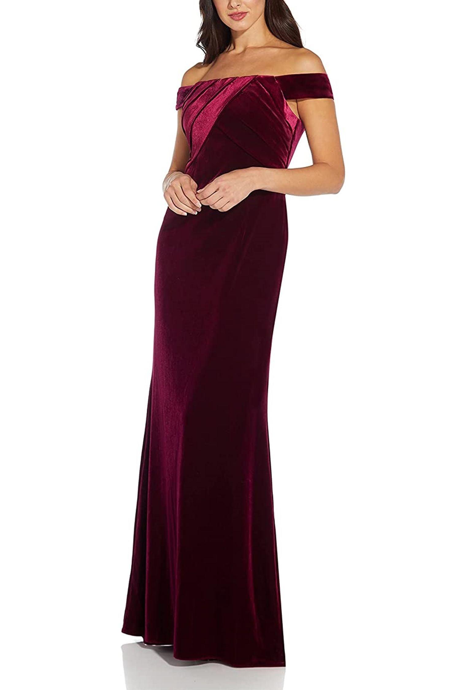 Adrianna Papell AP1E206226 Off Shoulder Pleated Long Velvet Formal Dress