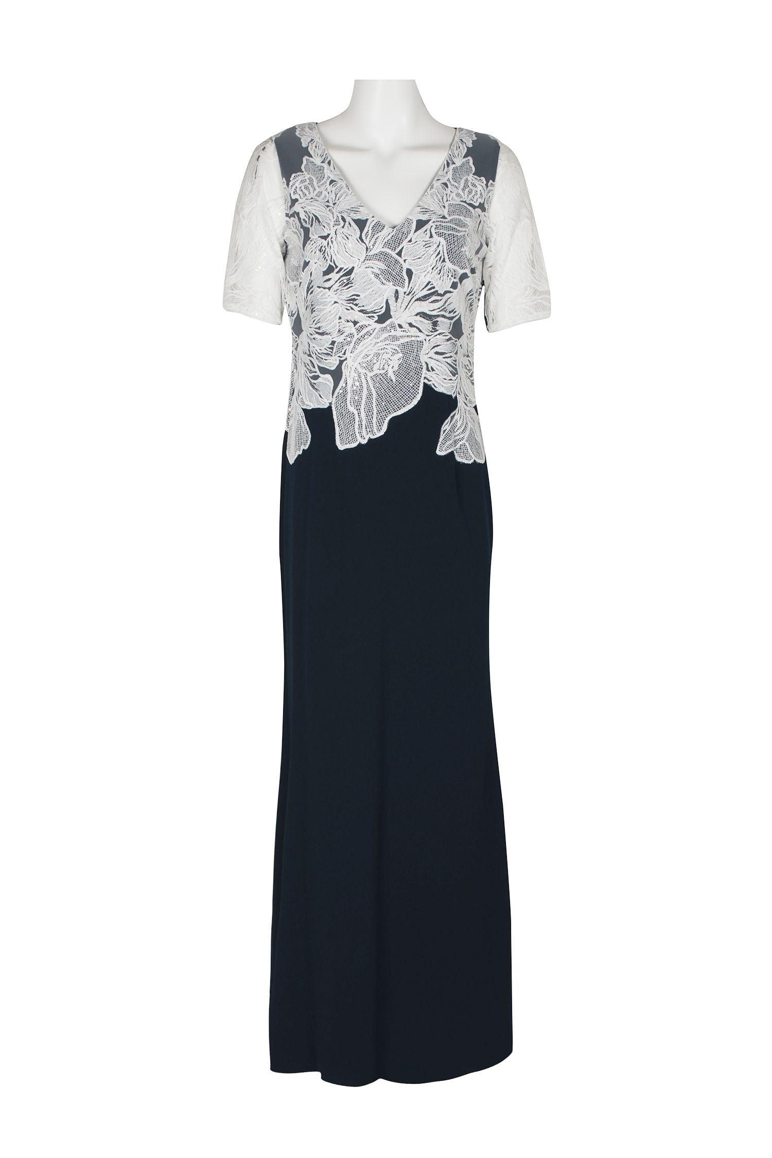 MIDNIGHT IVORY Adrianna Papell AP1E208996 Short Sleeve Embroidered Bodice Formal Crep for $329. ...