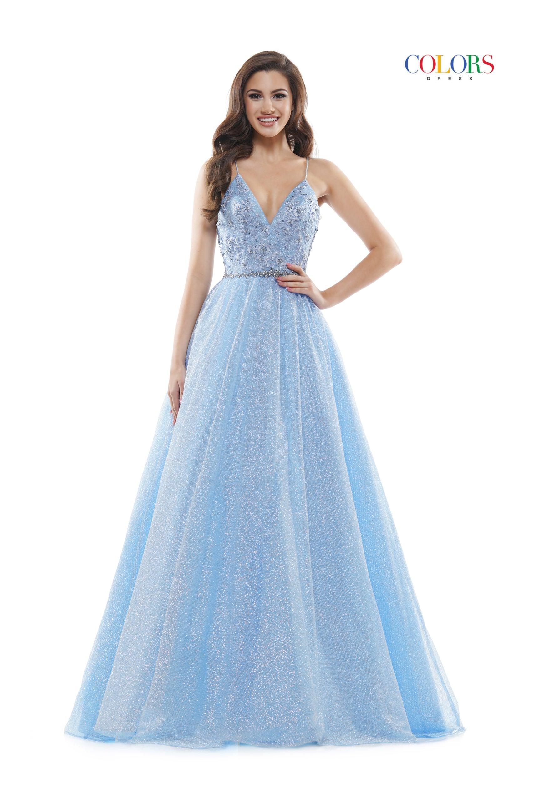 Light Blue Colors 2480 Colors Long Formal Glitter Mesh Prom Dress