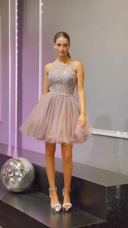 Cinderella Divine UJ0119 Short Prom Halter Lace Bodice Dress