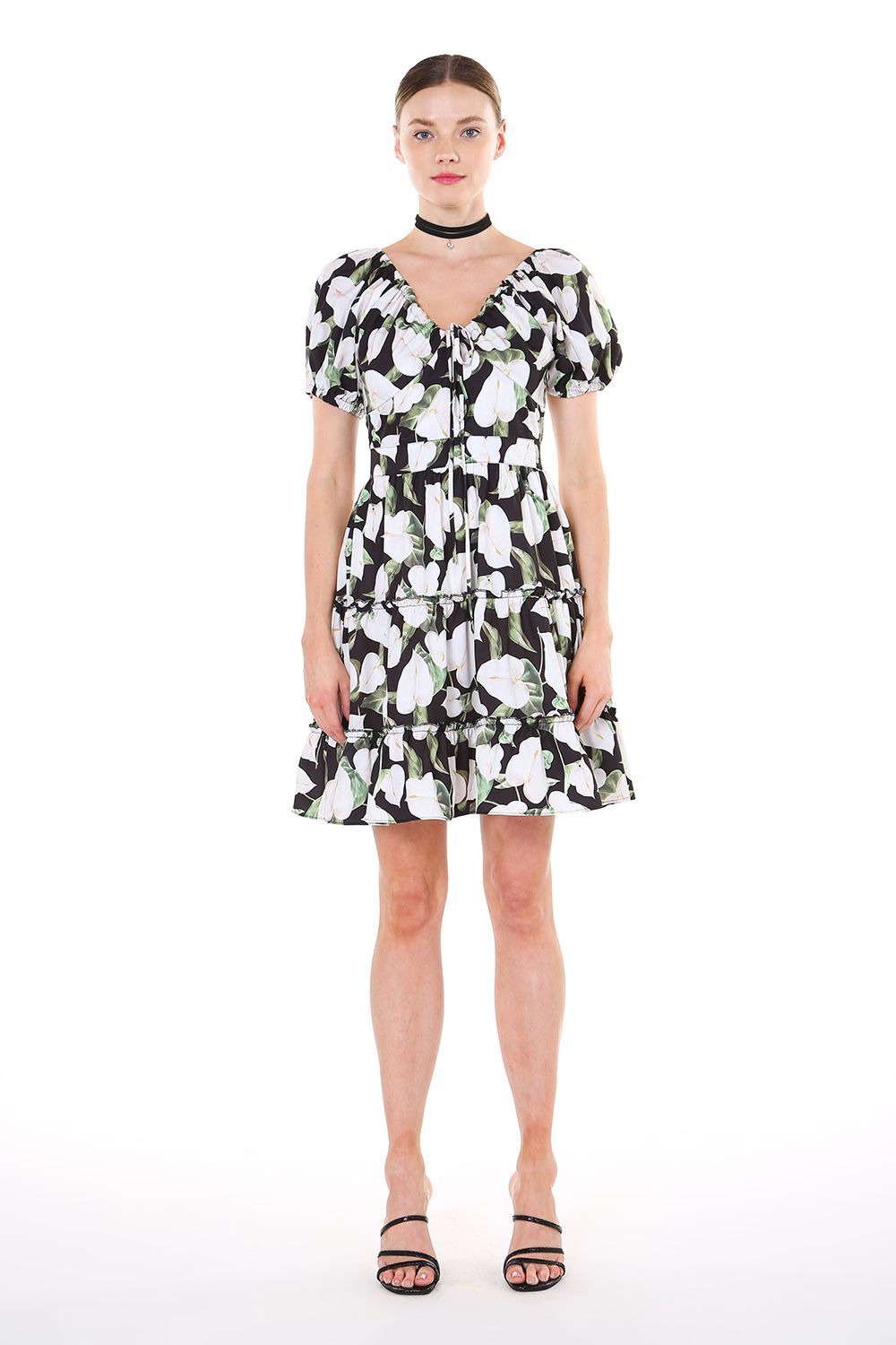 Black Short Sleeve Floral Mini Dress