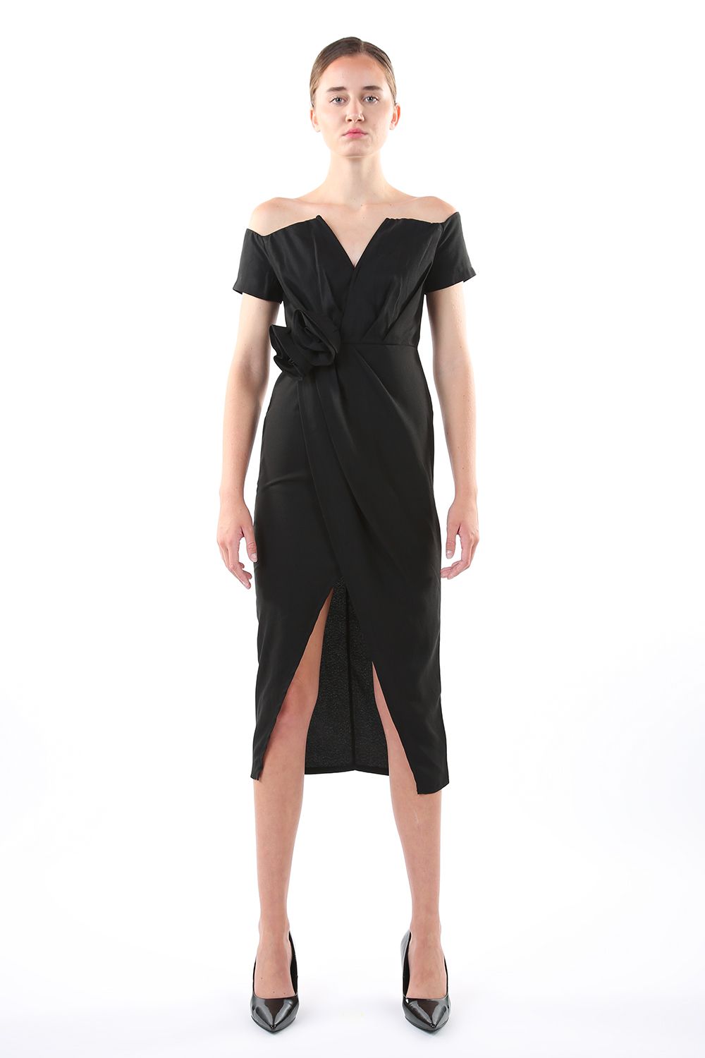 Black Off Shoulder Wrap Midi Dress