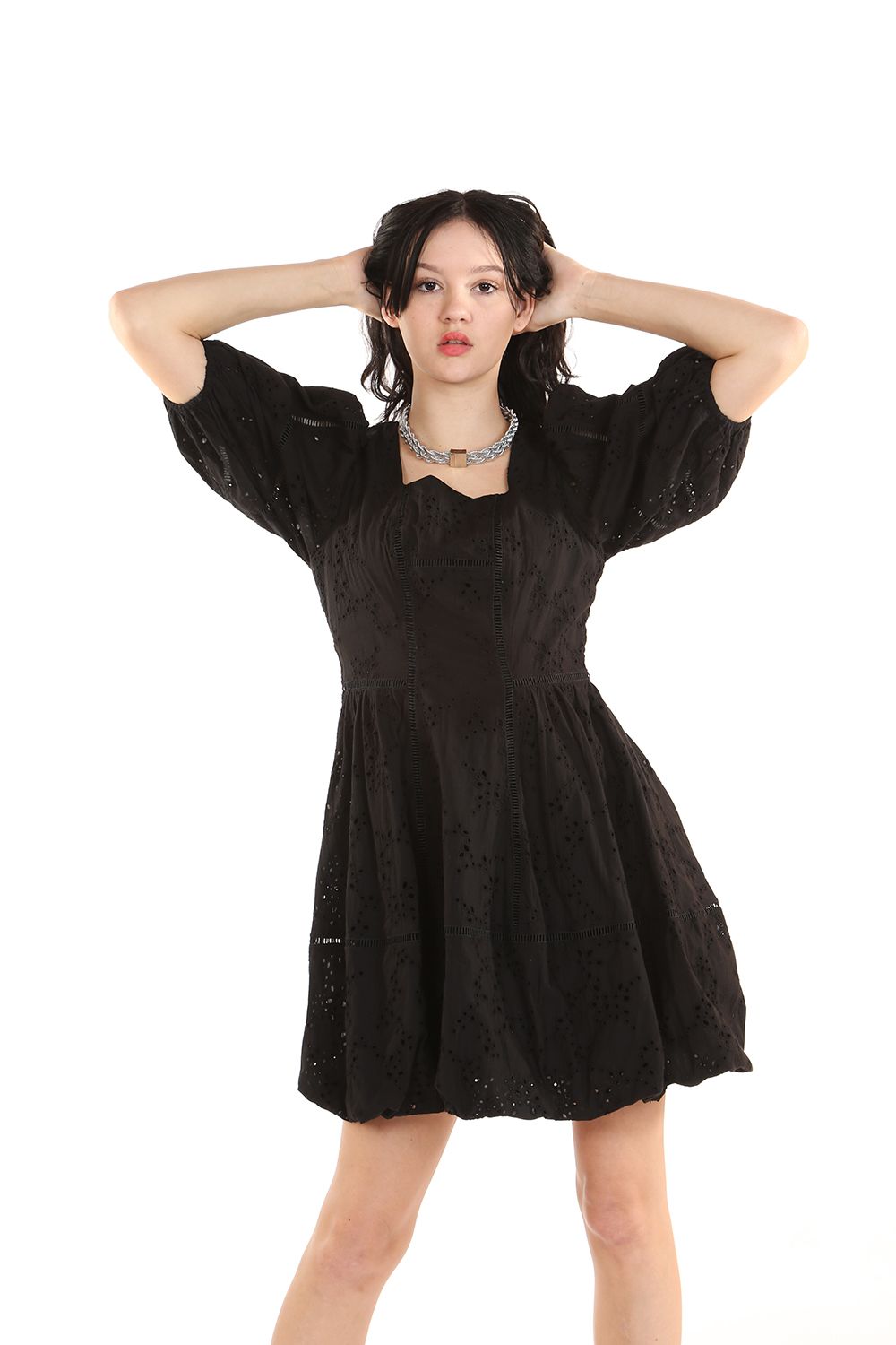 Cocktail Dresses Short Puff Shoulder Pattern Dress Black