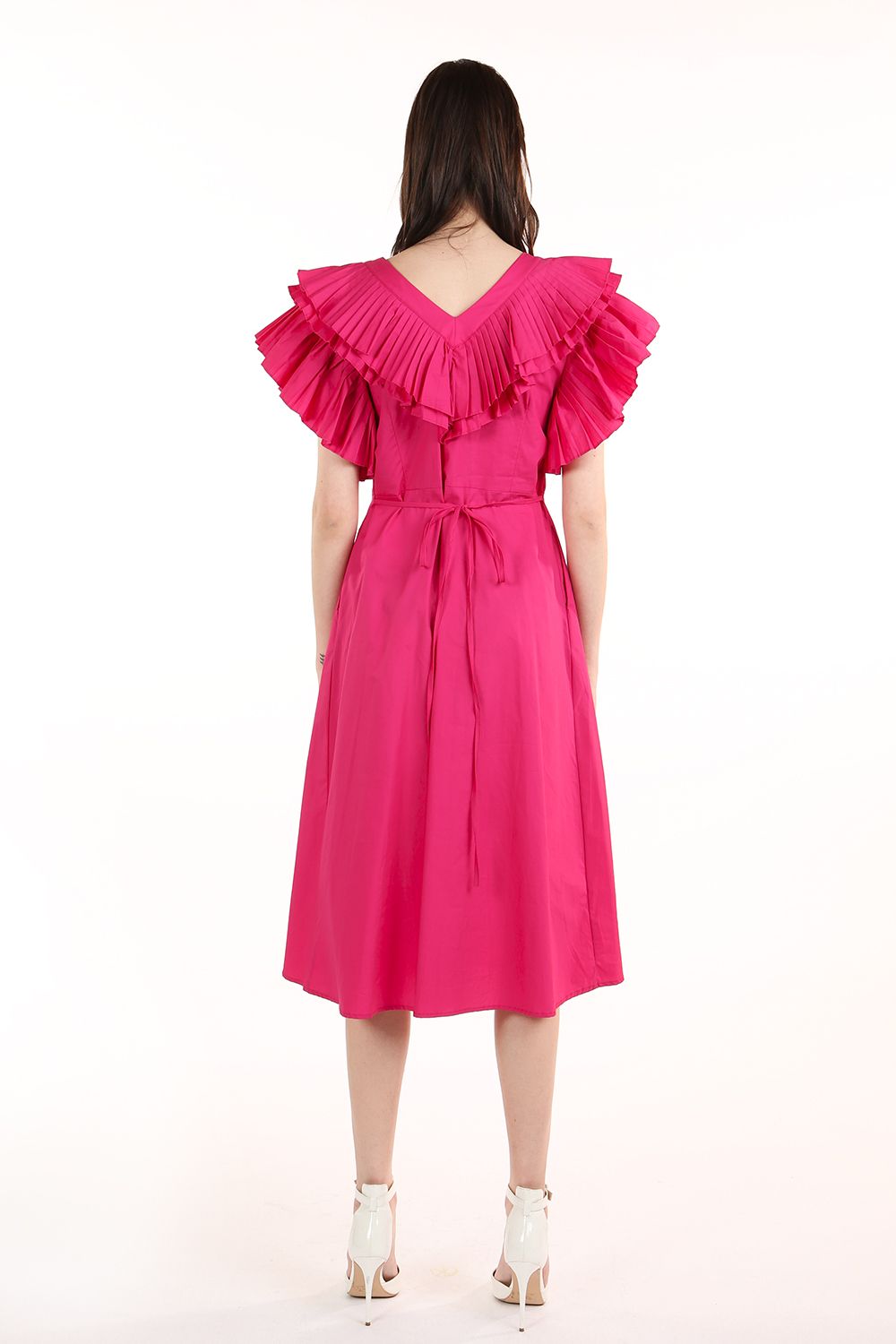 V Neck Pleated Ruffle Trim Sleeve Midi Dress