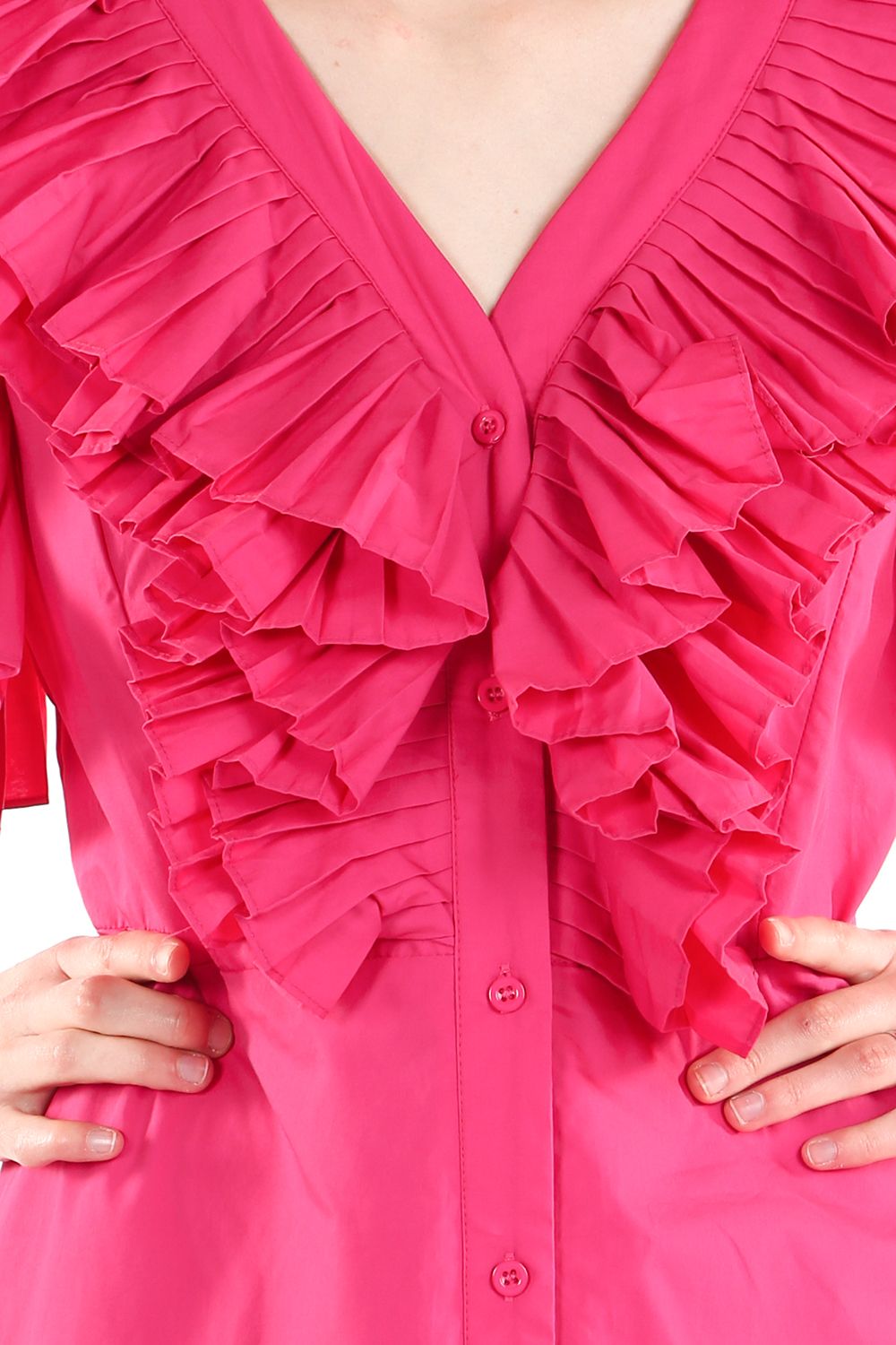 V Neck Pleated Ruffle Trim Sleeve Midi Dress