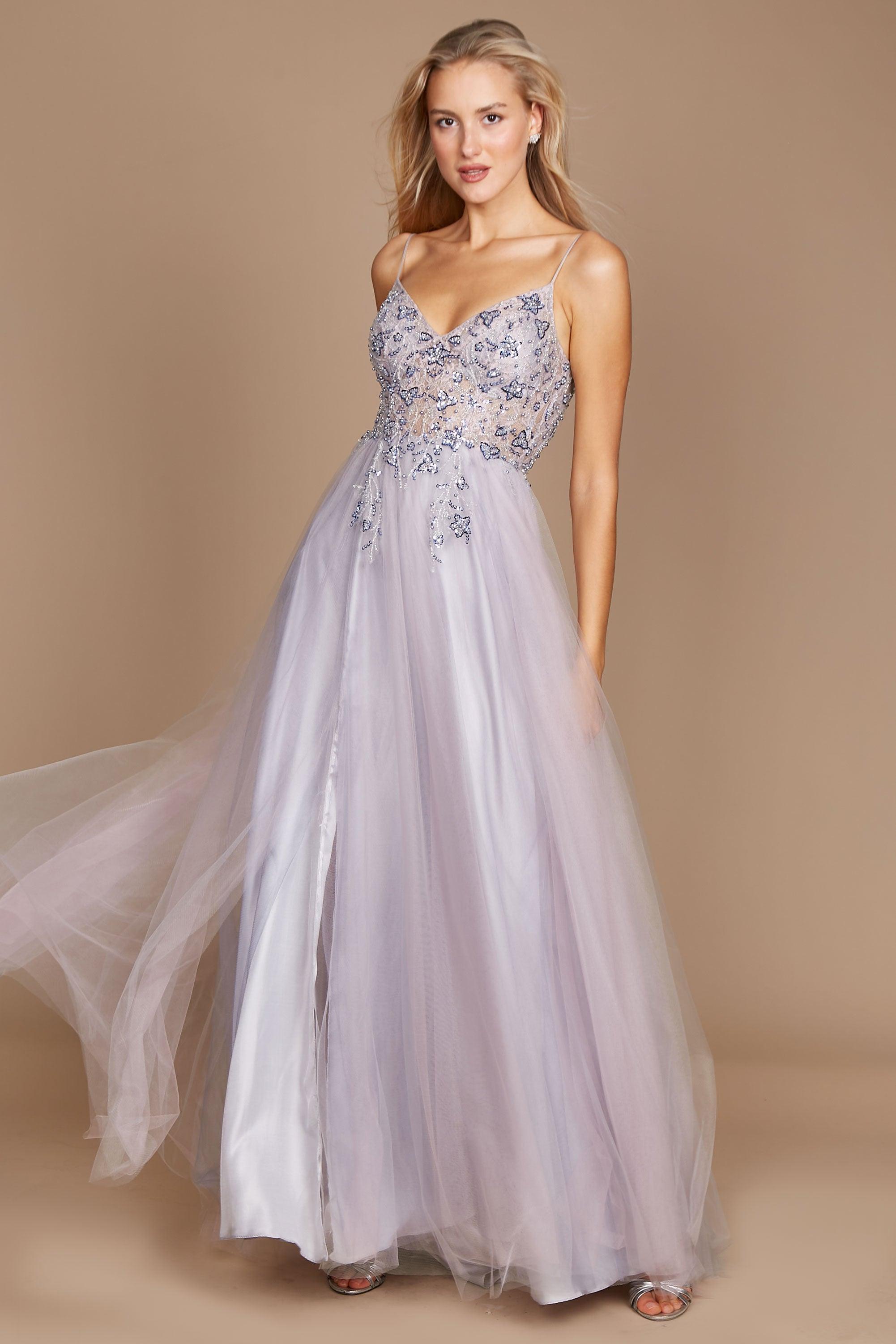 Multi Gray Dylan Davids Long Prom Dress Jewel Beaded Tulle Gown