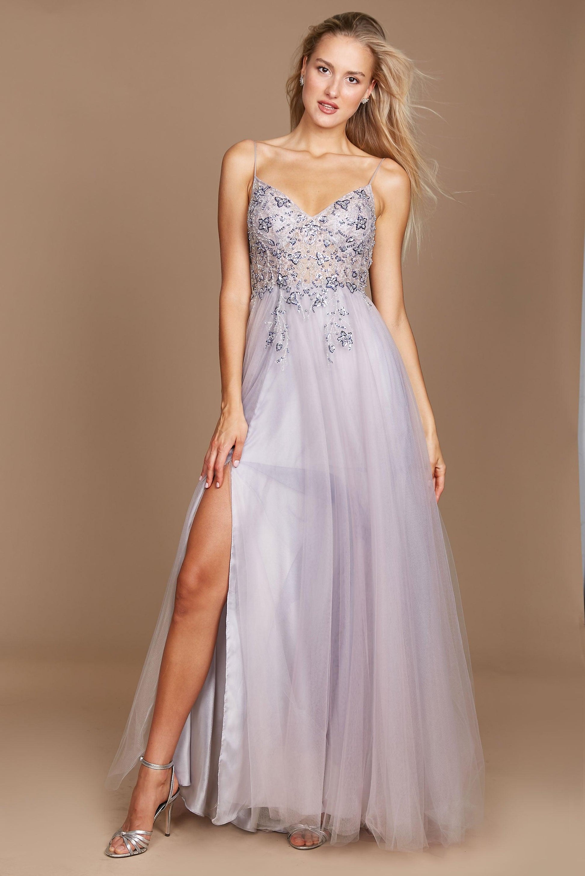 Long Jeweled Hand Beaded Tulle Prom Dress