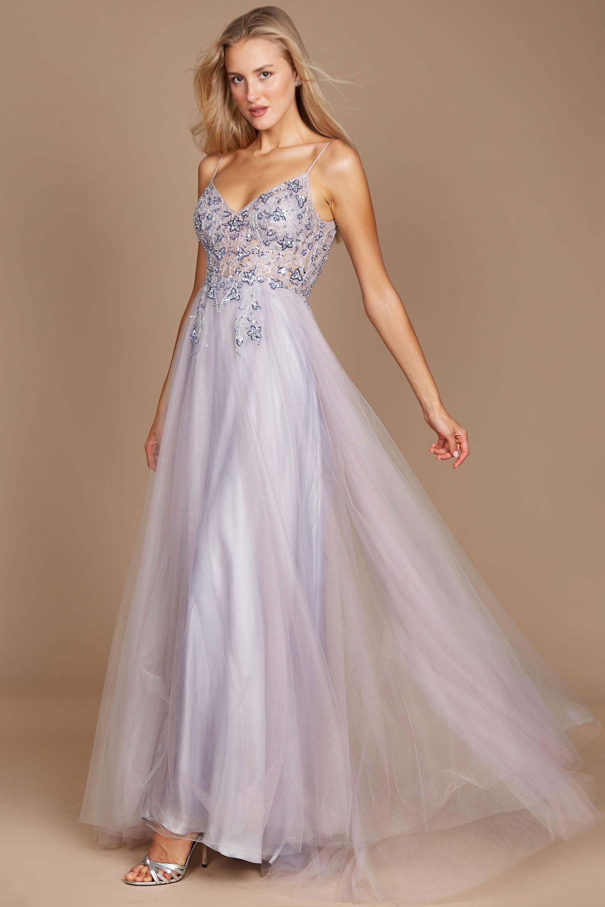 Long Jeweled Hand Beaded Tulle Prom Dress