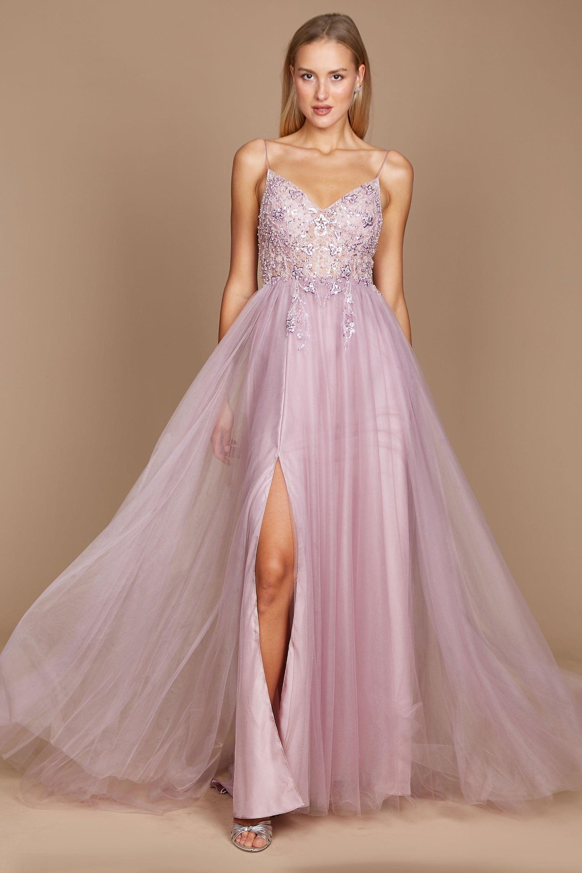 Long Jeweled Hand Beaded Tulle Prom Dress